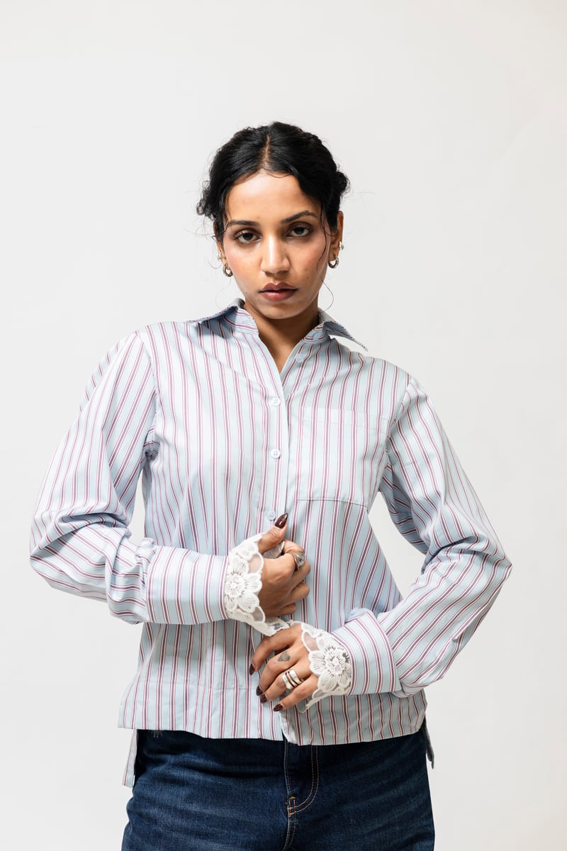 Blue Red Striped Shirt with Detachable Lace Hem