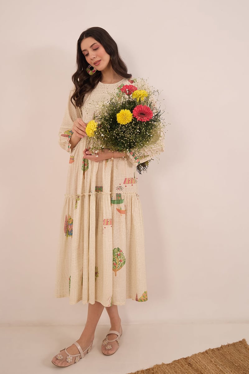 Cream Cotton Scenic Print Tiered Midi Dress