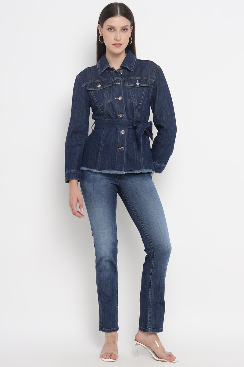 Blue Denim Belted Button-Through Blouse