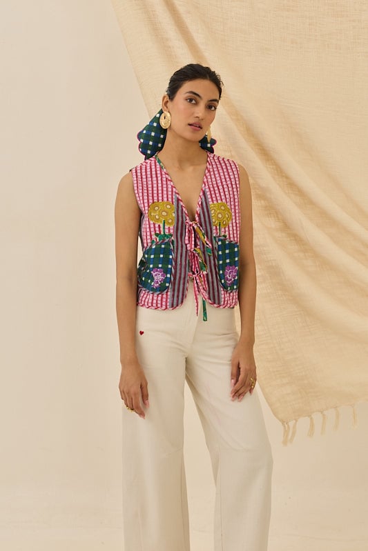 Multicolor Block Print Cropped Tie-Up Waistcoat
