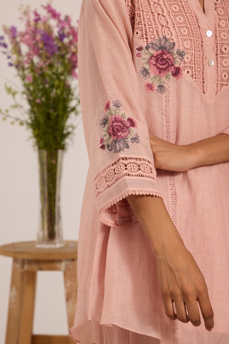 Pink Mul Chanderi Tunic and Straight Pant Co-ord Set