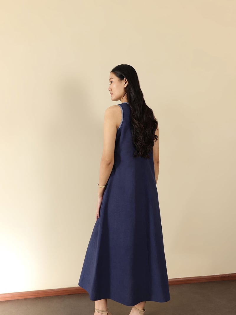 Denim Blue Linen Blend V-Neck A-Line Midi Dress