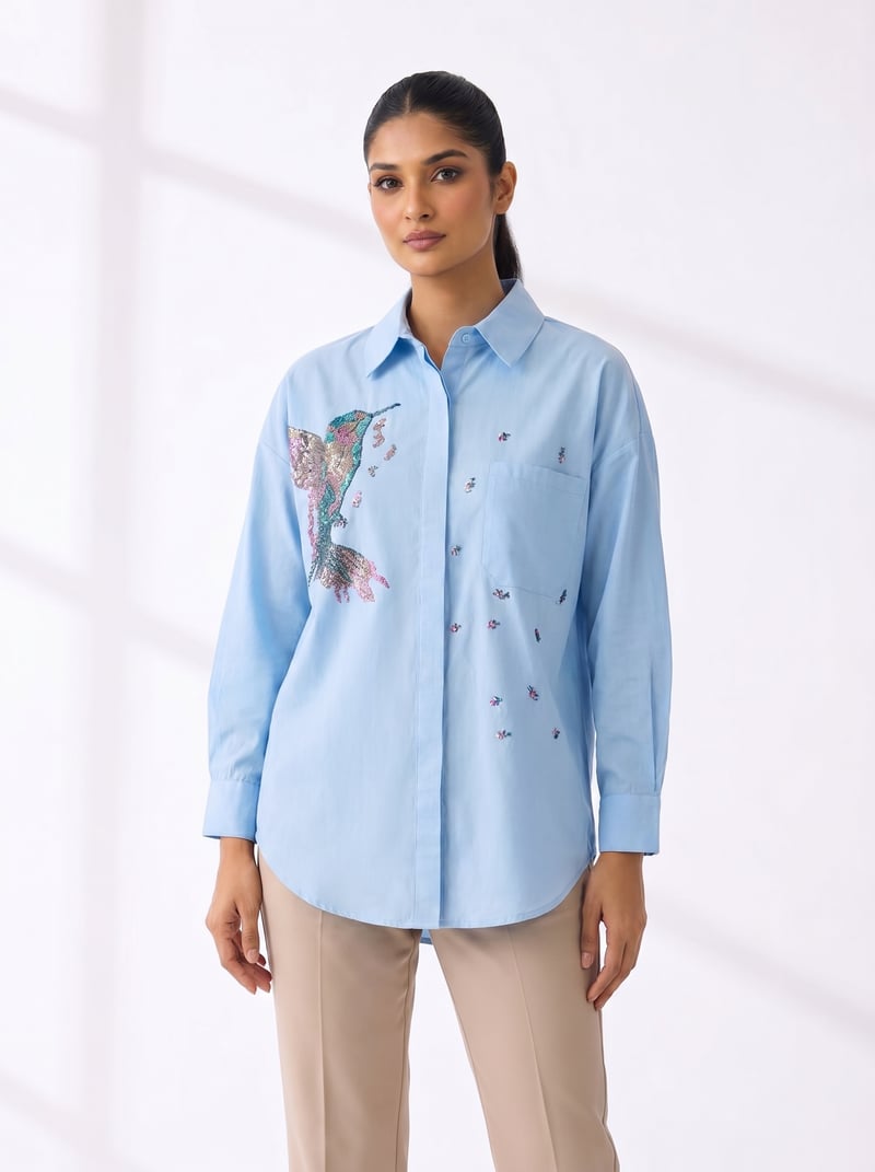 Blue Printed Cotton Button-Down Shirt — THE LUXURY DRESSING