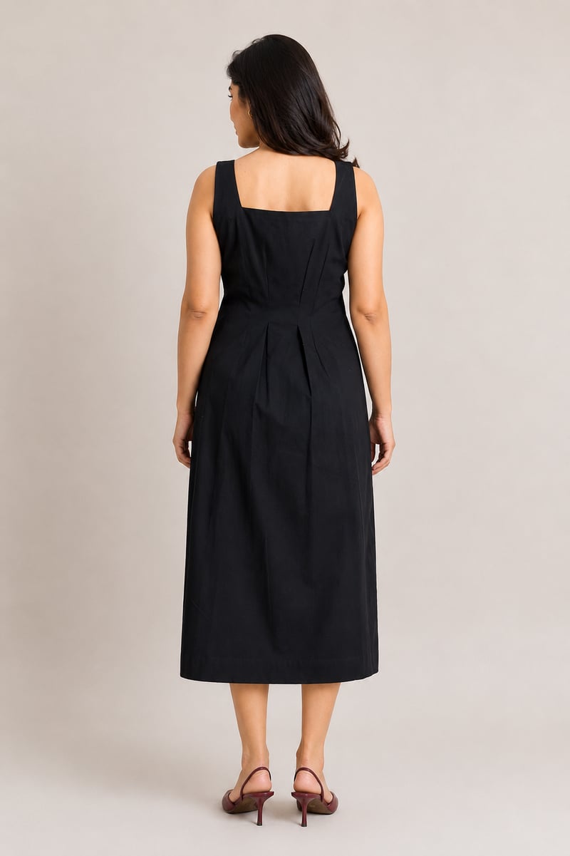 Black Cotton Square Neck Midi Dress