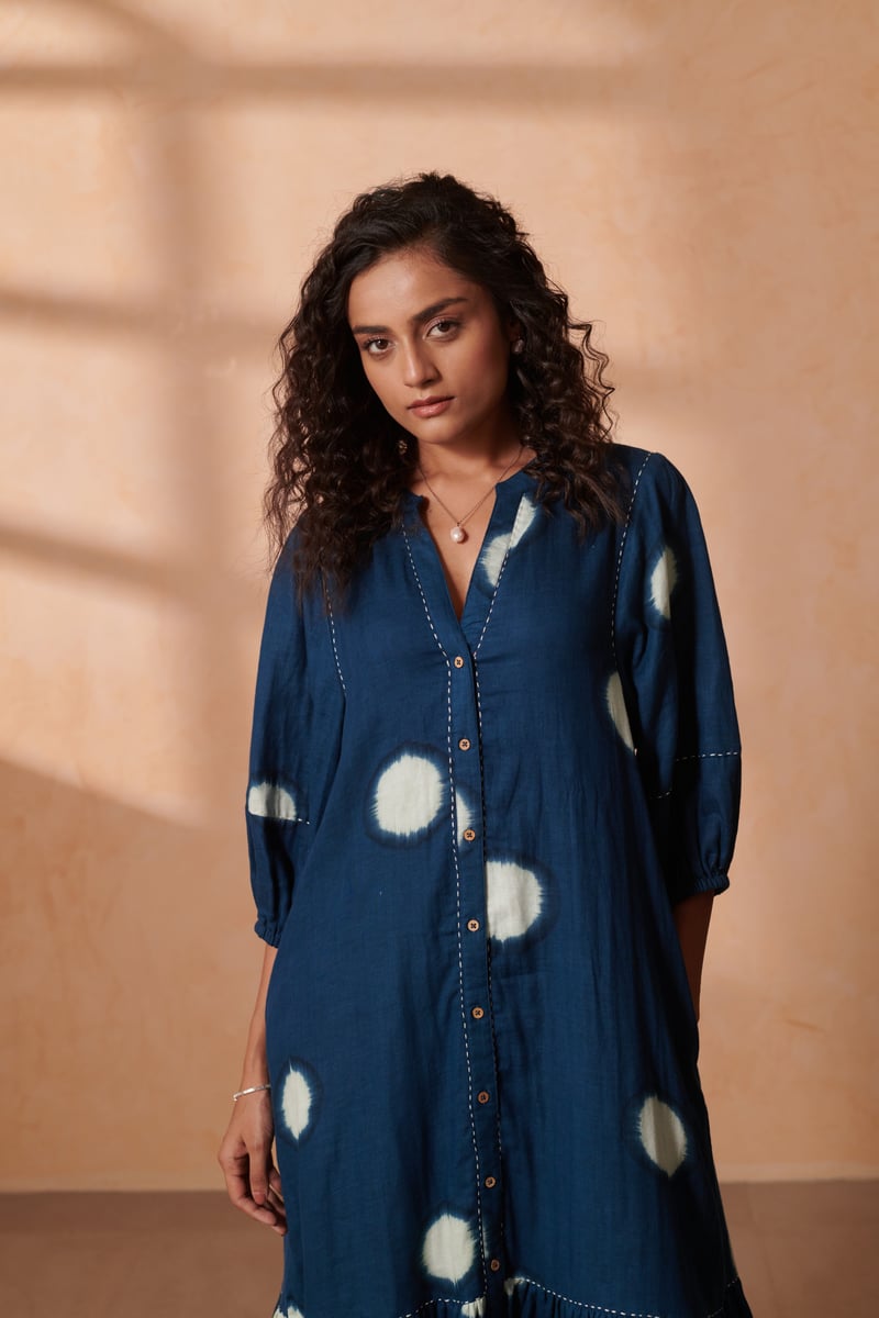 Indigo Dot Midi Shirt Dress in Double Gauze Cotton