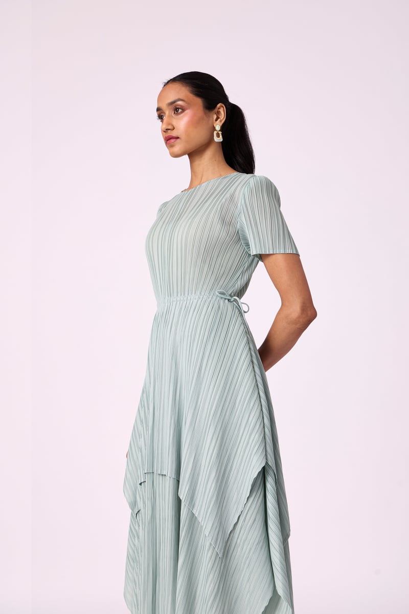 Sage Mint Pleated A-Line Midi Dress with Tie Waist