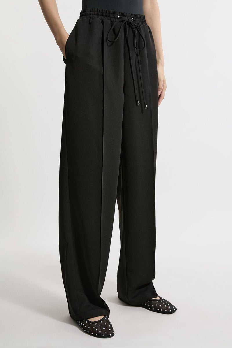 Black Twill Straight-Leg High-Waist Drawstring Trousers