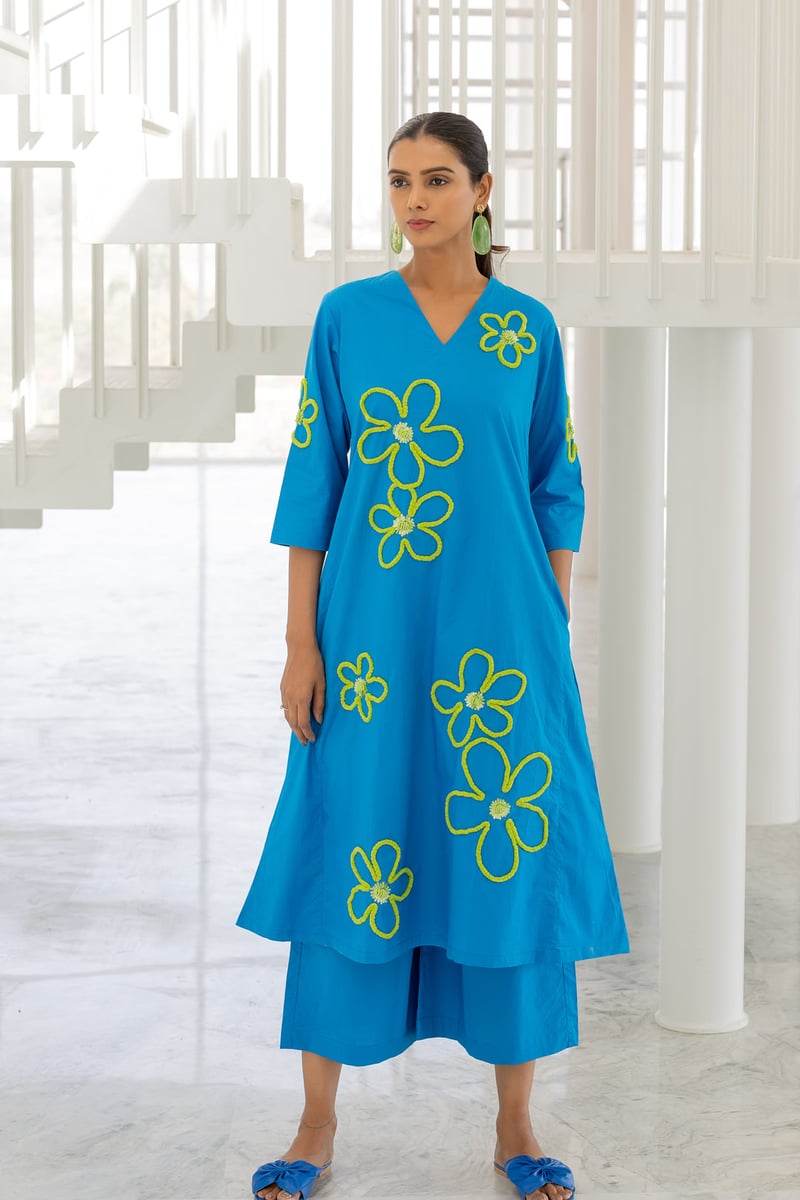 Blue Floral Cord-Embroidered Kurta Set with Pants