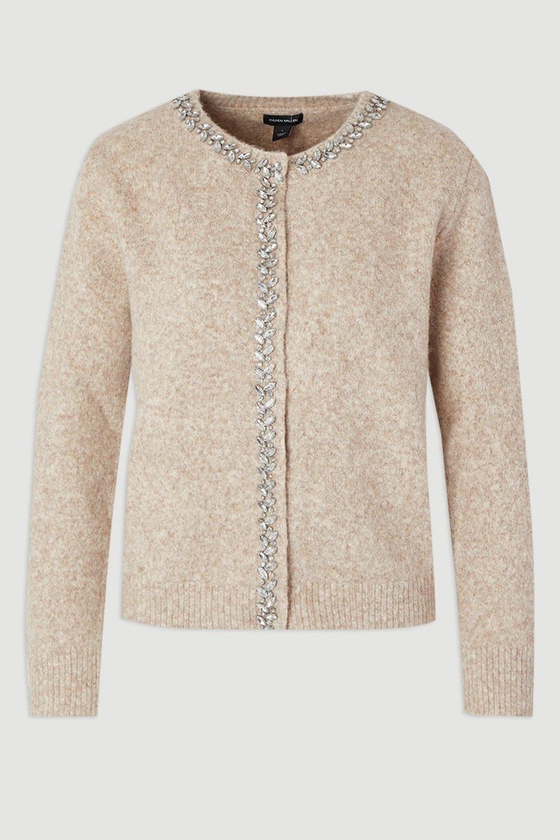 Oatmeal Embellished Trim Cosy Knit Cardigan