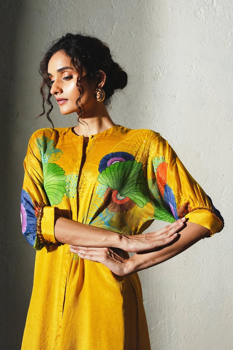 Yellow Printed Straight Kurta Set with Keyhole Neck