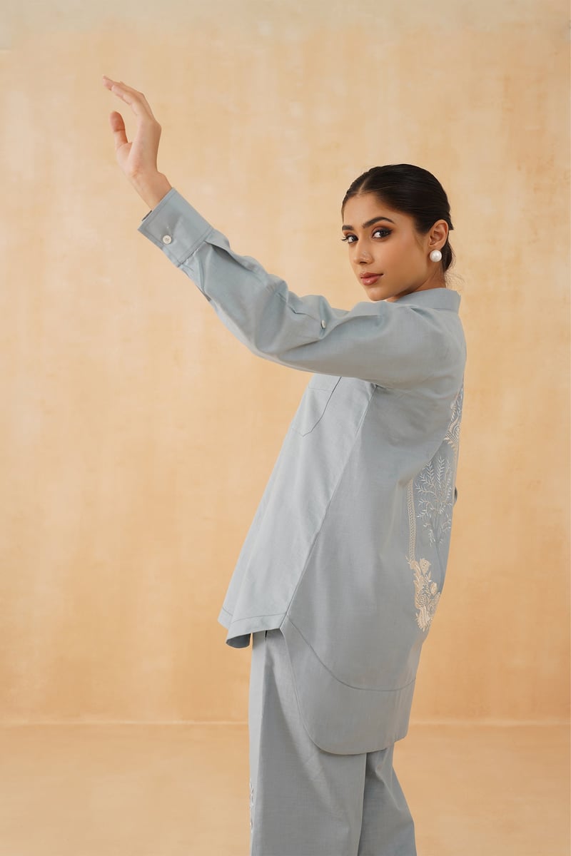 Light Blue Embroidered Tunic and Pant Co-ord Set