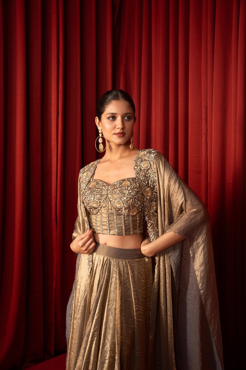 Champagne Gold Shimmer Tissue Co-ord Set with Cape