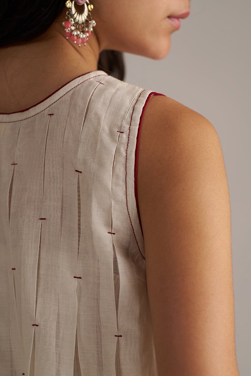 Ivory and Maroon Pure Chanderi A-Line Kurta Set
