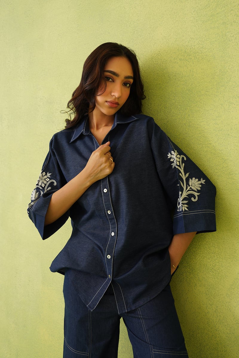 Denim Blue Embroidered Shirt and Wide-Leg Co-ord Set