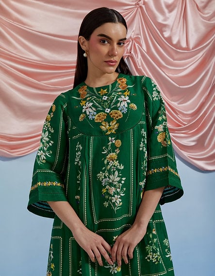 Forest Green Floral Printed A-Line Kurta