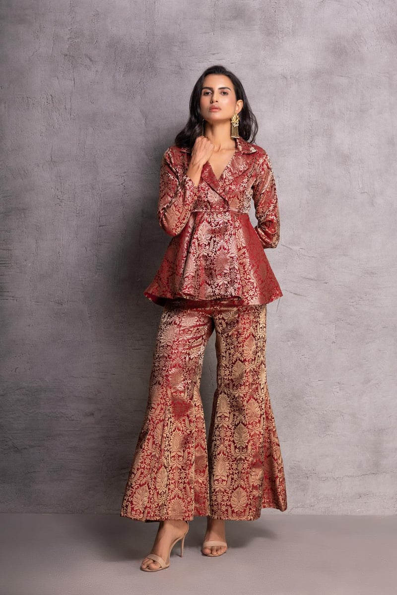 Maroon Brocade Peplum Top and Flared Pants Co-ord Set