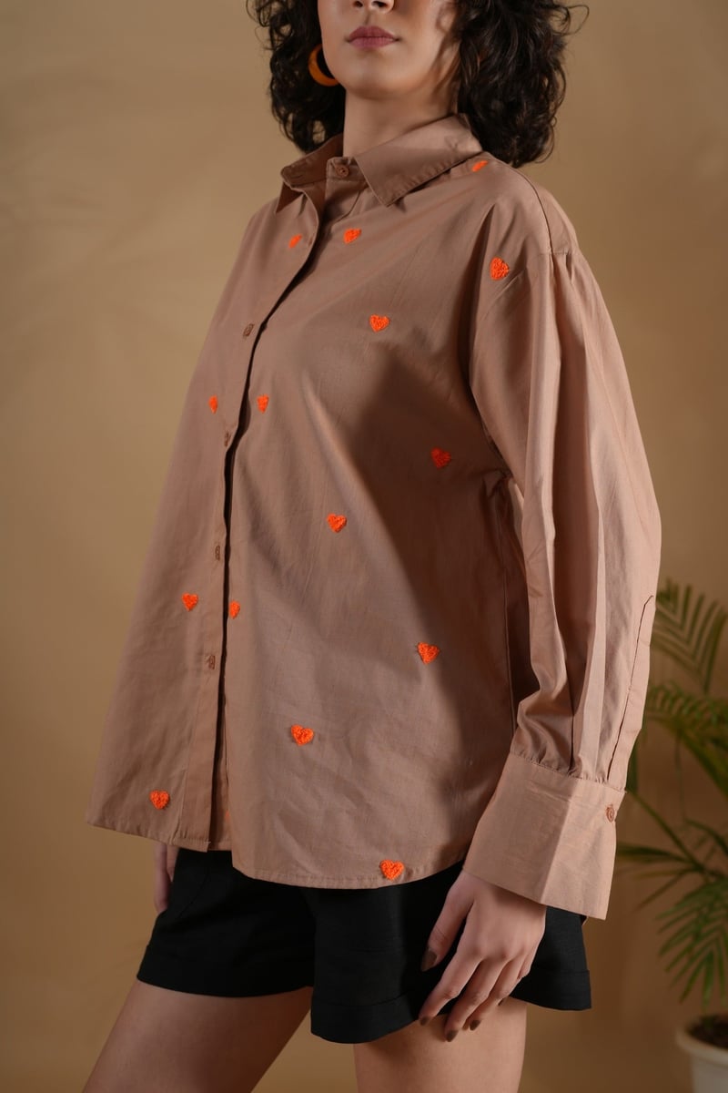 Coffee Oversized Embroidered Heart Shirt