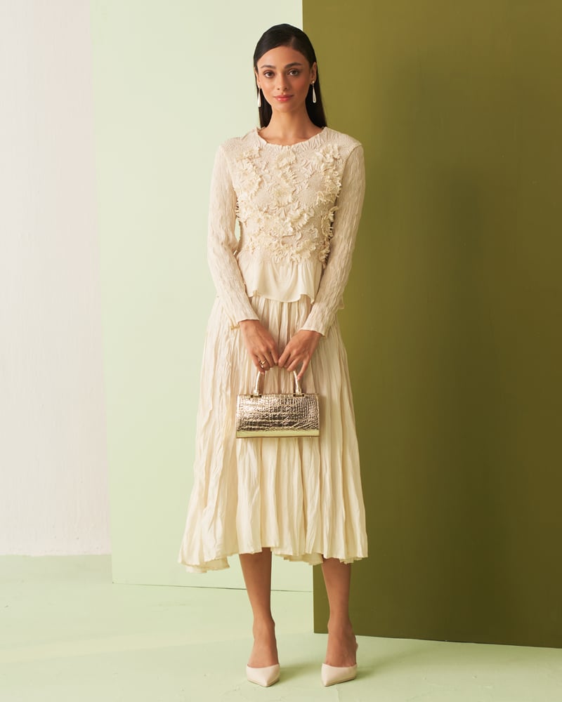 Ivory Textured Top and Pleated Midi Skirt Co-ord Set