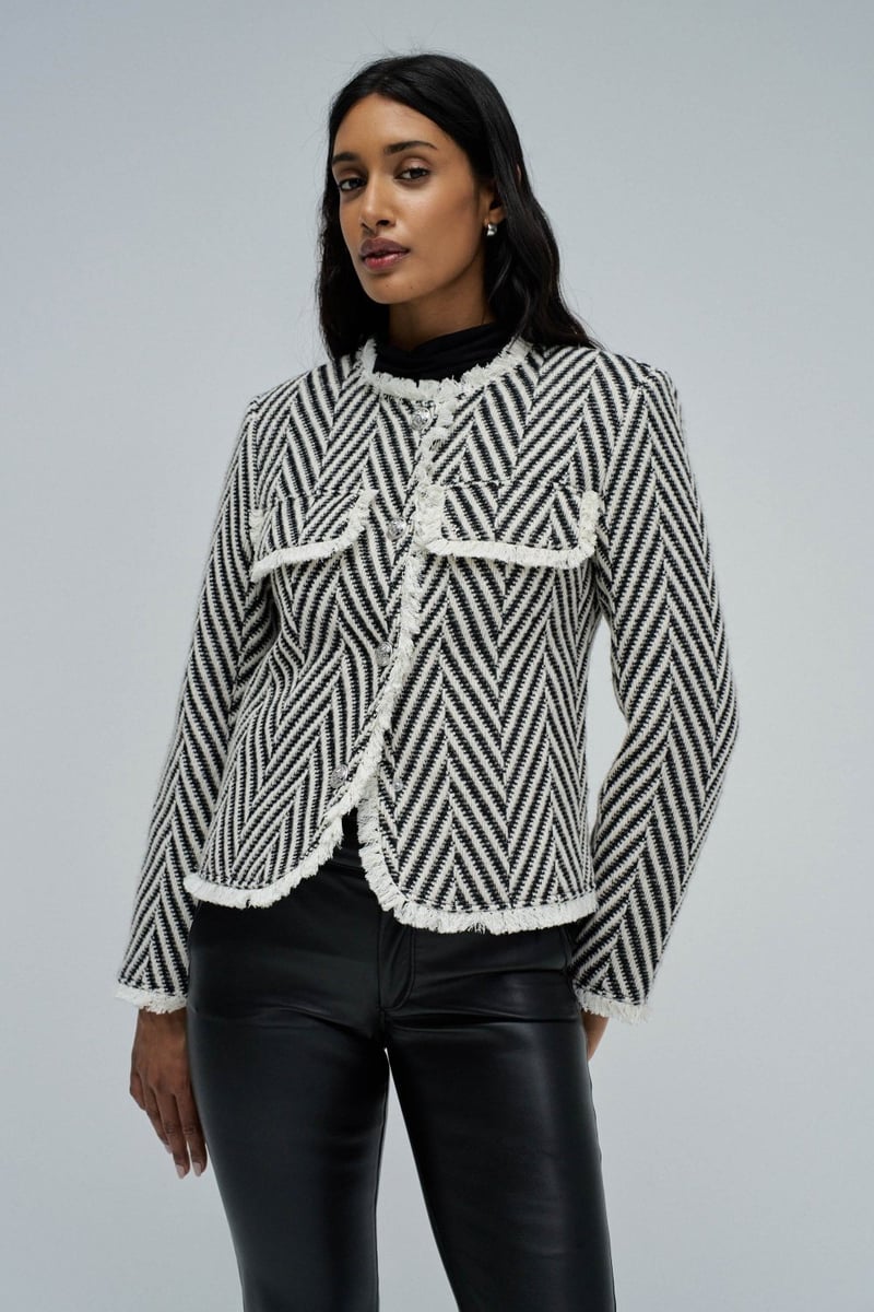 Black and Off-White Chevron Fringe-Trim Cropped Jacket