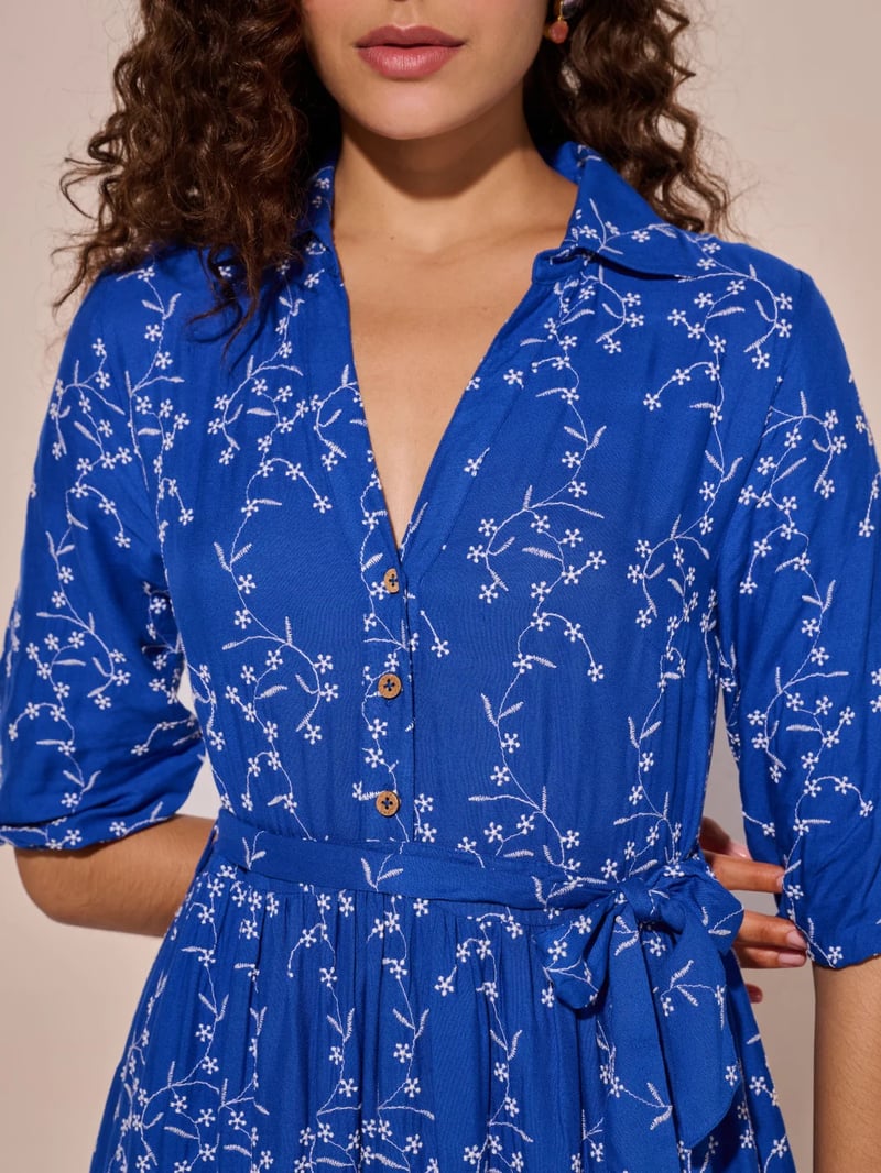 Blue Floral Print Belted Tiered Midi Shirt Dress