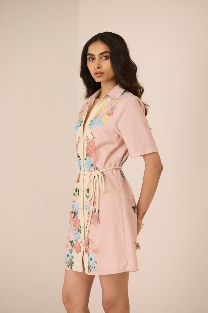 Blush Botanical Floral Button-Down Mini Shirt Dress with Belt