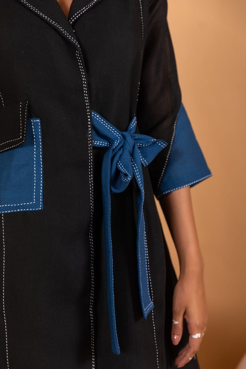 Black and Blue Colorblocked Linen-Blend Mini Shirt Dress