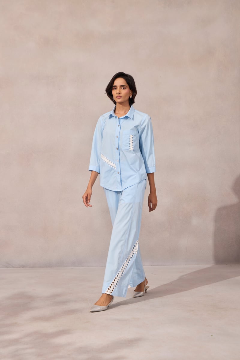 Frost Blue Cotton Poplin Shirt with Contrast Lace Inlay