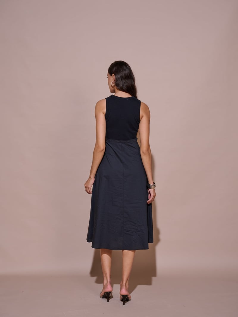 Black Embellished Ribbed Bodice Fit and Flare Midi Dress