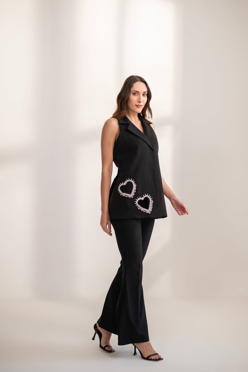Black Lapel-Collar Top and Flared Pants Co-ord Set — AKSH