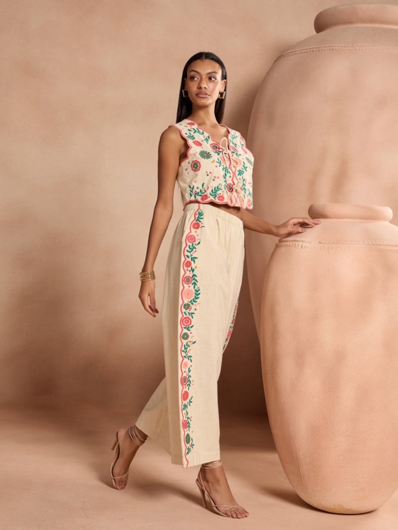 Pink Cotton Wide-Leg Embroidered Pants