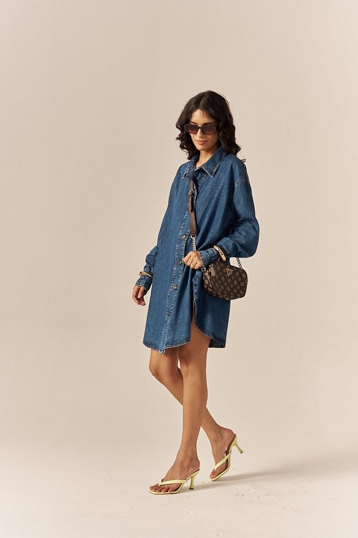 Blue Denim Relaxed Shirt Dress with Pockets