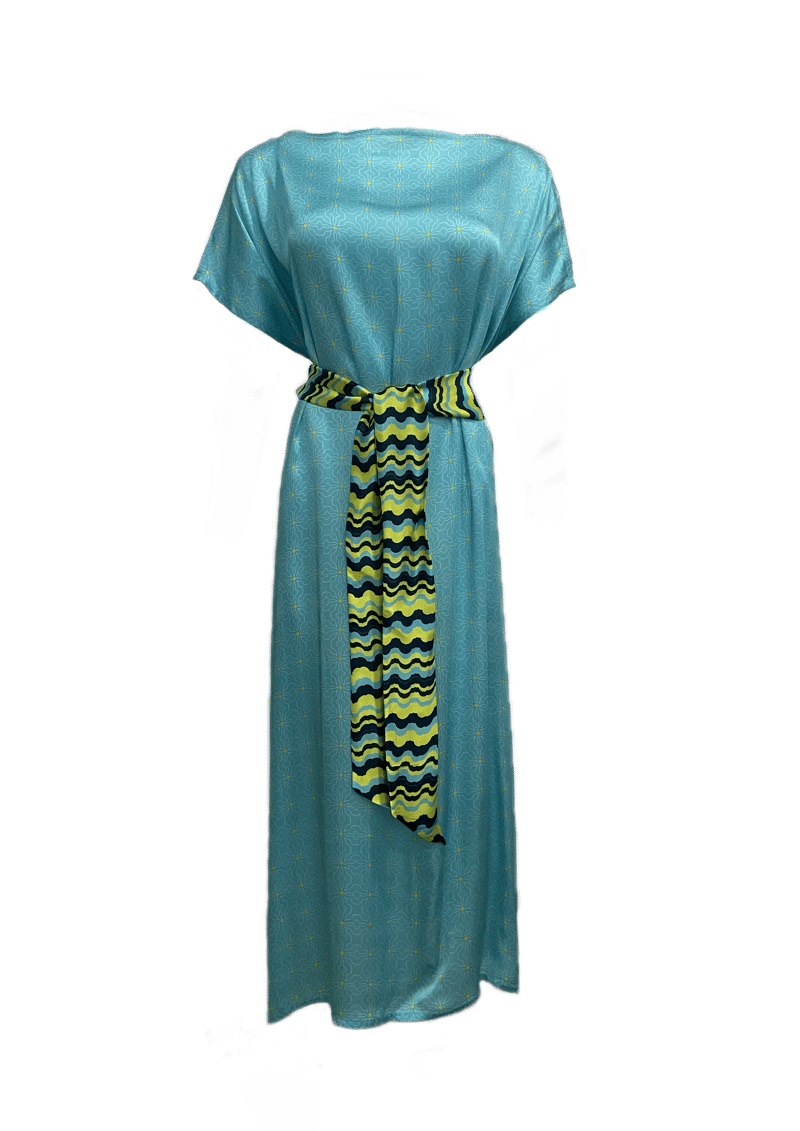 Aqua Blue Printed Maxi Kaftan Dress with Belt