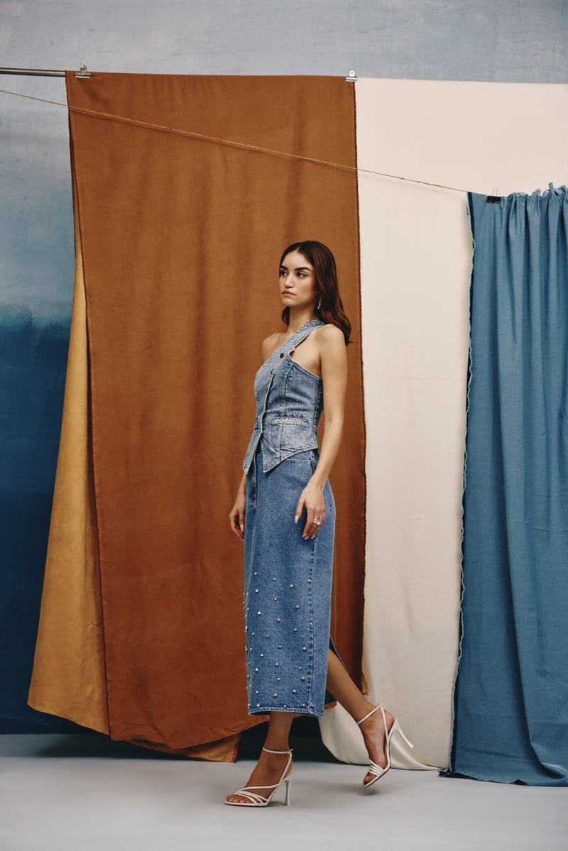 Deep Indigo Studded Denim High-Waist Midi Skirt