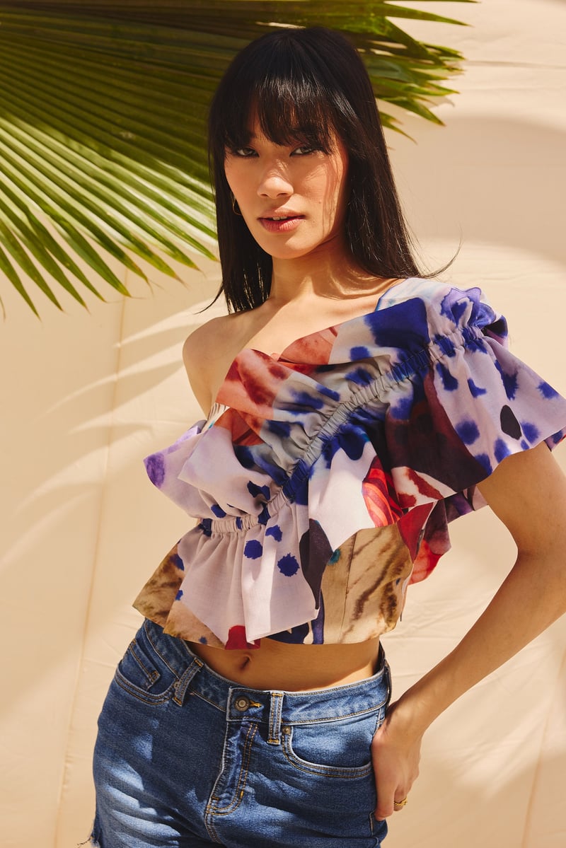 Multicolor One-Shoulder Ruffle Georgette Crop Top