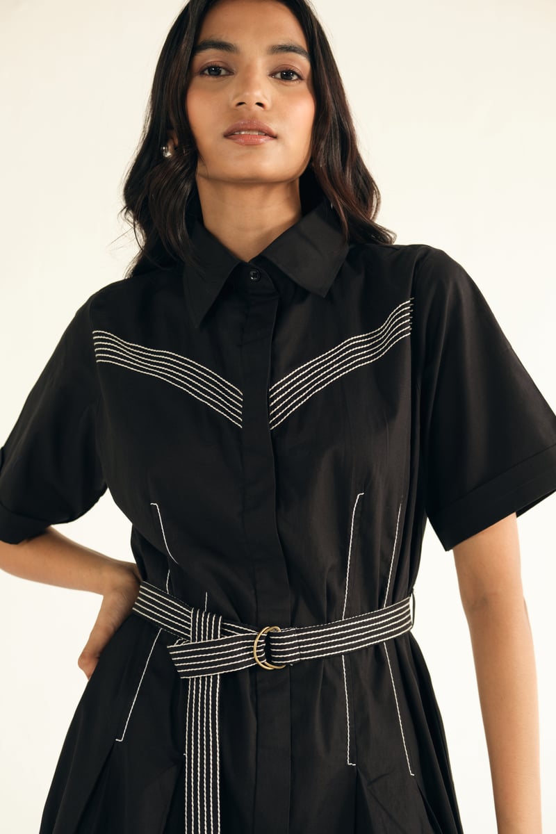Black Poplin Midi Shirt Dress with Contrast Stitch Belt