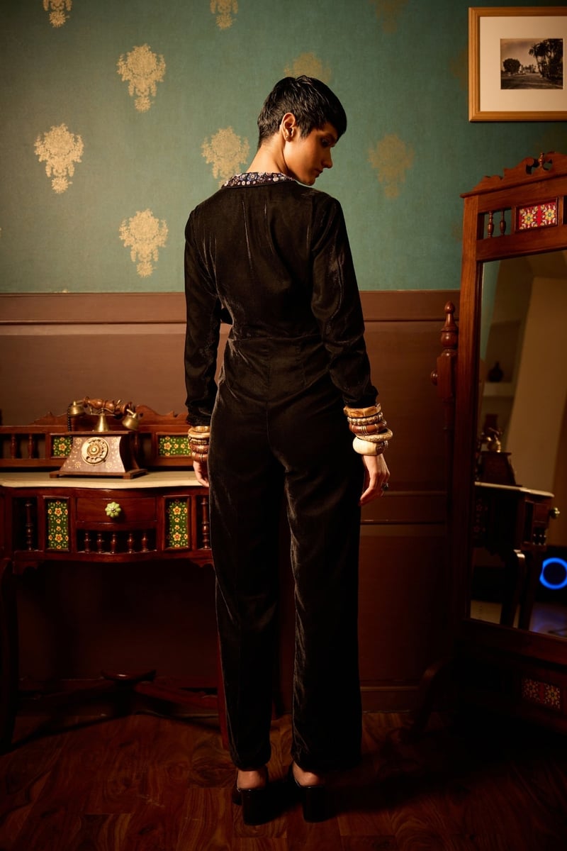 Black Micro Velvet Wrap Jumpsuit with Beaded Lapel