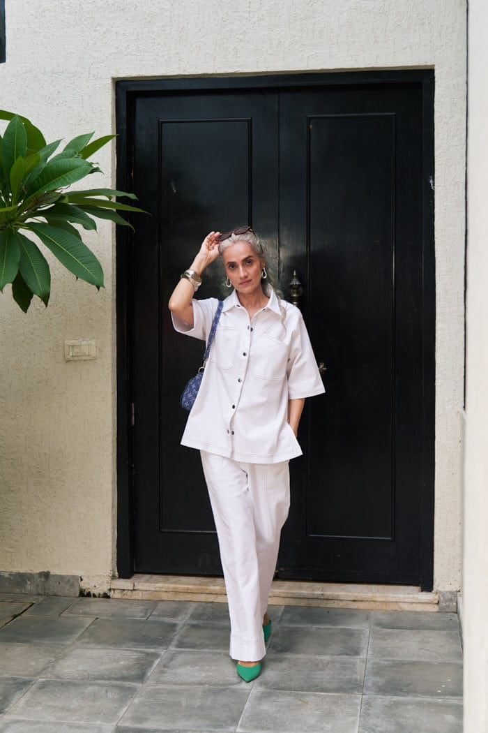 White Denim Oversized Shirt and Flared Pants Co-ord Set