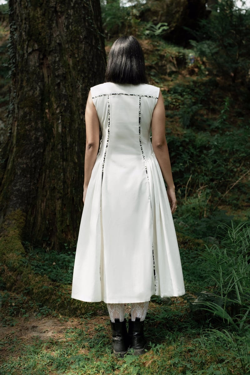 White Midi Shirt Dress with Contrast Piping and Side Tie
