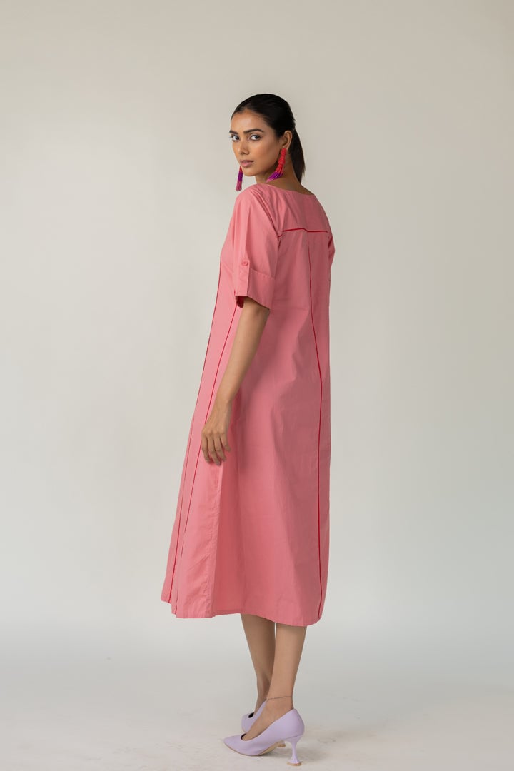 Blush Pink Poplin A-Line Midi Dress with Square Neck