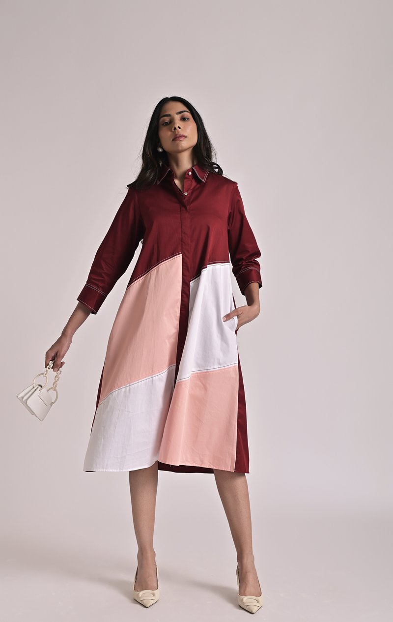Multicolor Diagonal Colorblock Midi Shirt Dress
