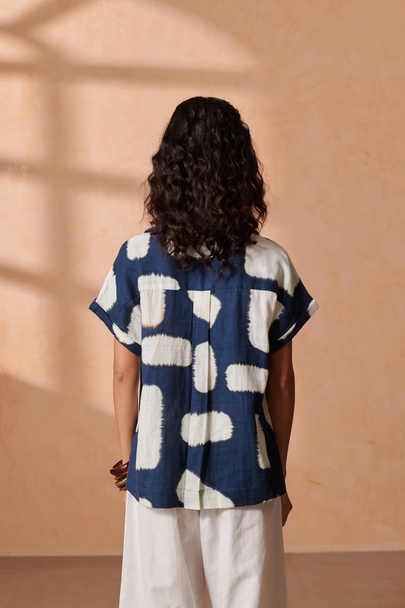 Indigo Brush-Painted Check Drop-Shoulder Cotton Top
