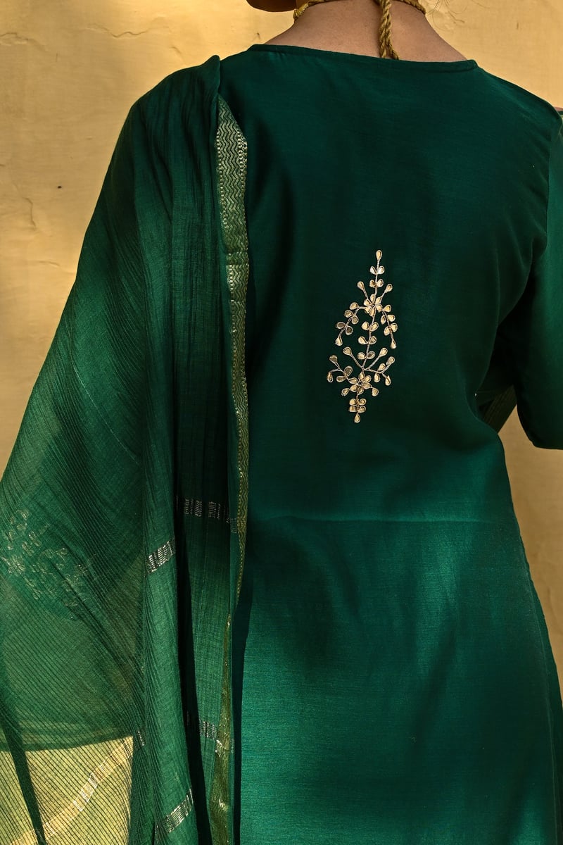 Green To Gold Gota Work Bottle Green Chanderi Suit Set