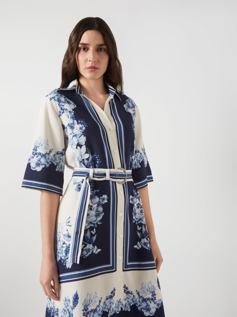 Cream and Navy Colorblock Floral Belted Shirt Dress