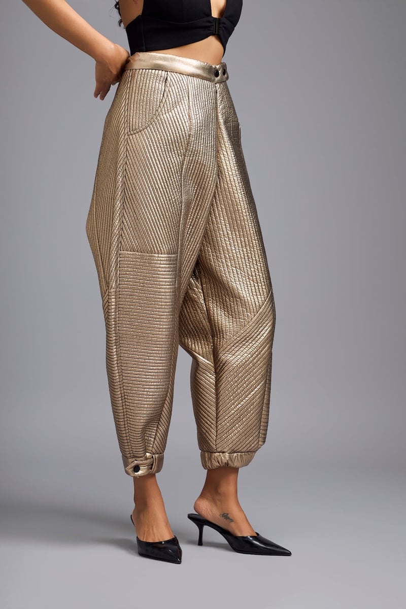 Gold Metallic Quilted High-Rise Balloon-Leg Trousers — Deepika Arora