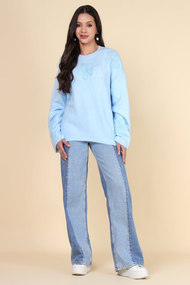 Light Blue Applique and Pearl-Detail Pullover Sweater