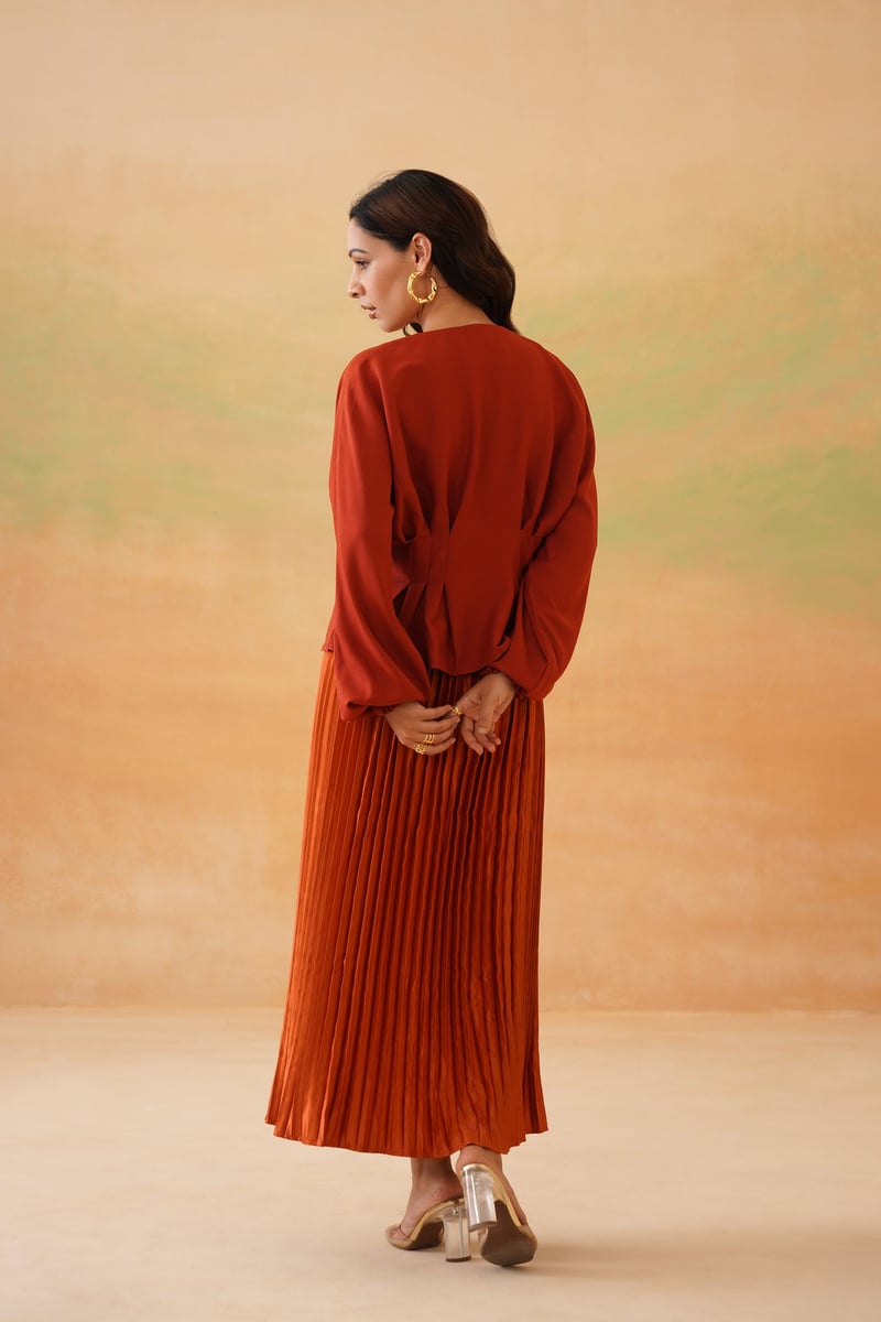 Rust V-Neck Button-Front Top and Pleated Maxi Skirt Set