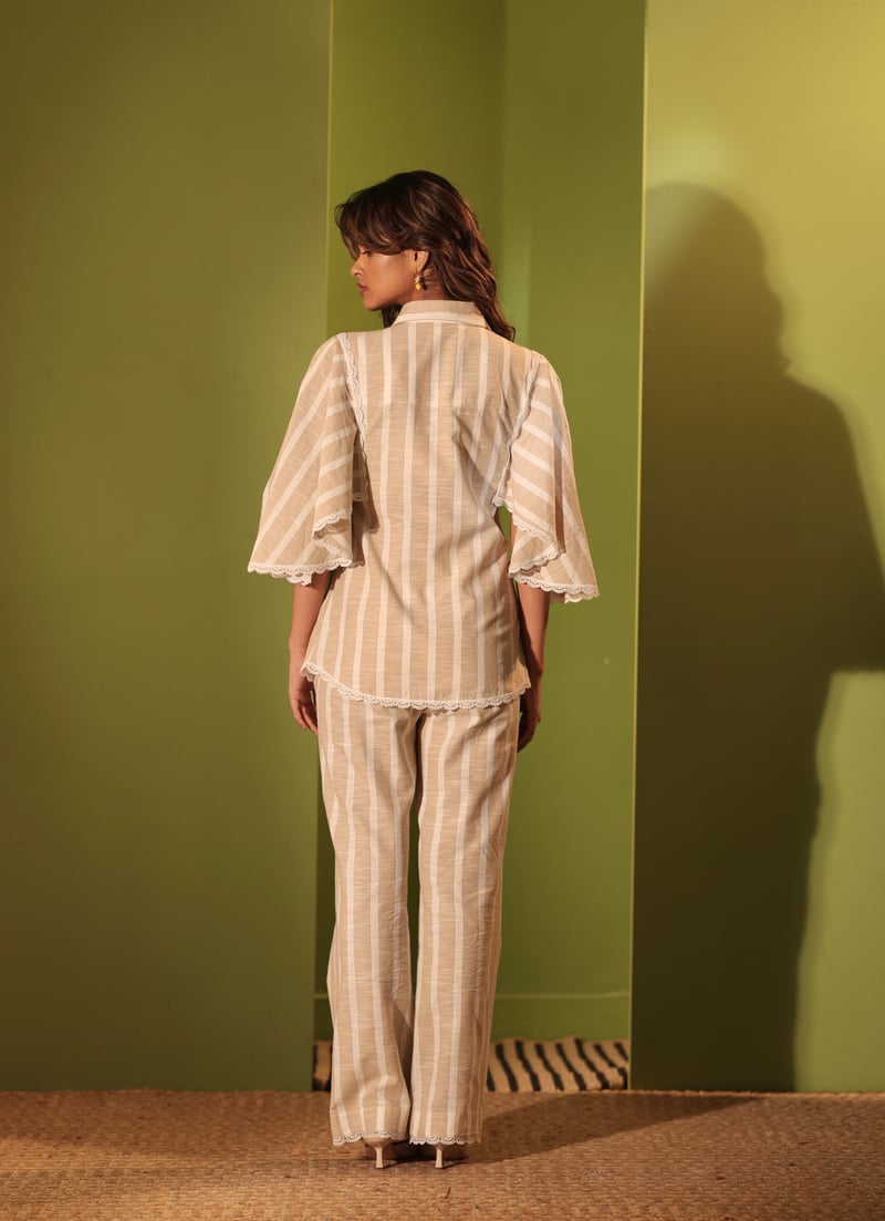 Beige and White Striped Cotton Straight-Leg Trousers