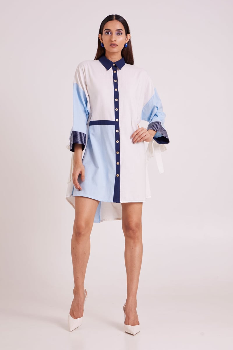 Multicolor Colorblock Oversized Shirt Dress with Pockets