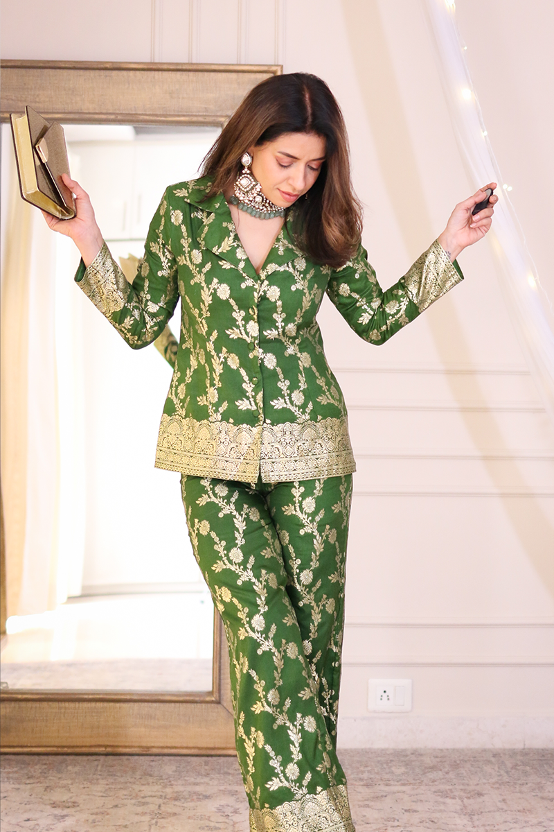 Green Brocade Floral Co-ord Set with Gold Border