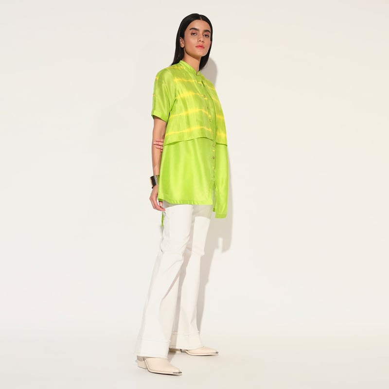 Lime Green Longline Mandarin Collar Button-Down Shirt